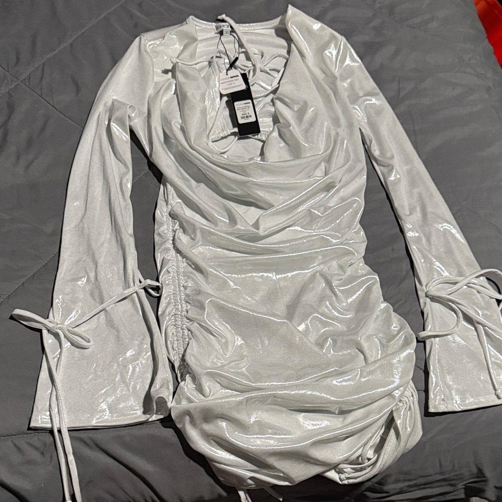Fashion Nova Shiny Silver Long Sleeve Dress